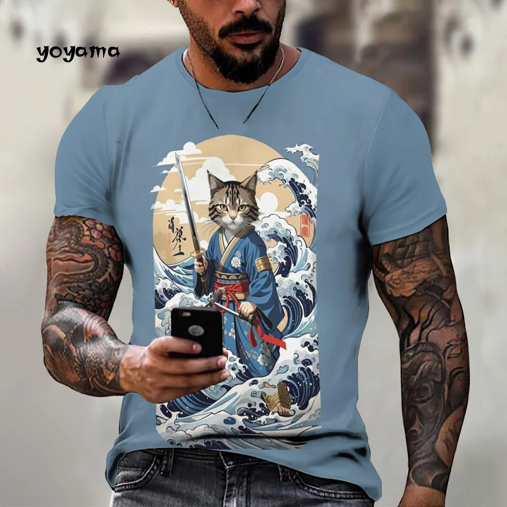 Japanische Samurai Katze Muster männer T-Shirt 3D Spaß Druck Kurzarm Sommer T-Shirt Harajuku Tops männer Straße Casual kleidung
