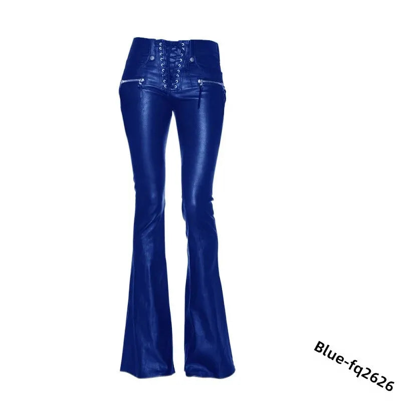 Sexy Damen Fashion Gothic Punk Hose PU Lederhose Reißverschluss Schlaghosen