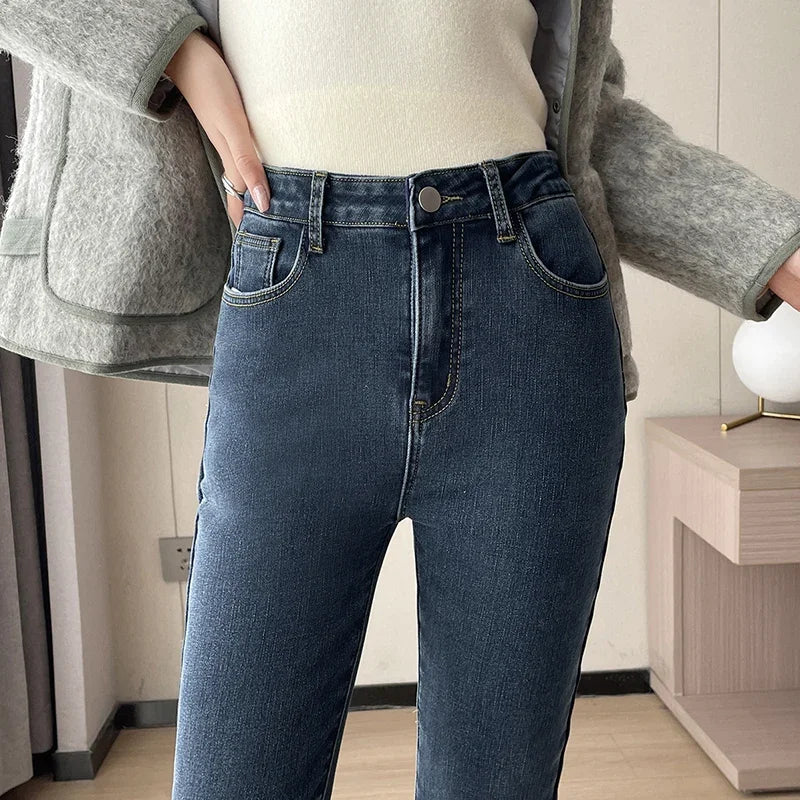 Damen Winter Warm Thermo Jeans Hose Innenfleece Stretch Hosen Leggins Denim