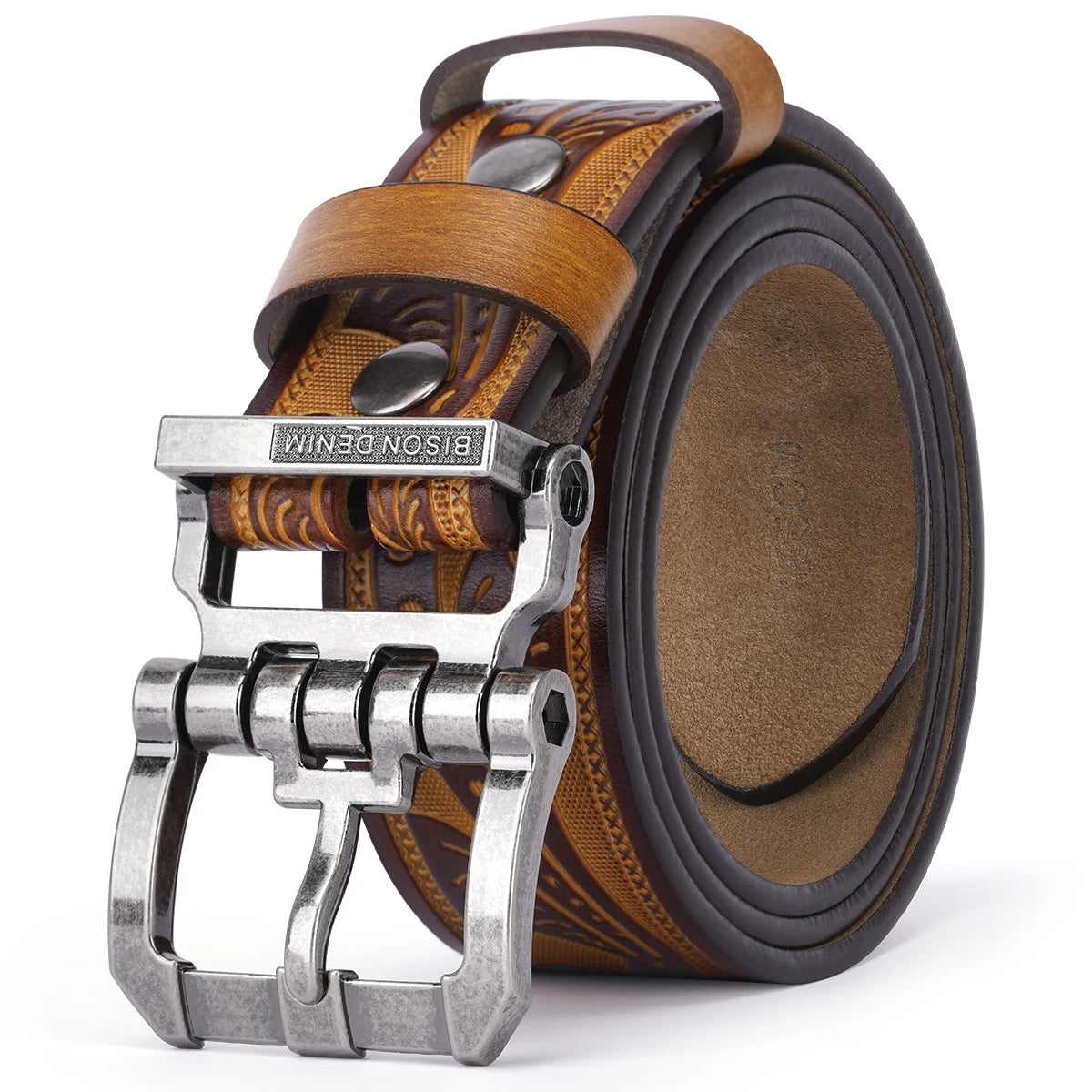 BISON DENIM Rindsleder Retro Gedruckt Männer Gürtel Echtes Split Leder Legierung Pin Schnalle Gürtel Casual Western Cowboy Stil Gürtel Für Männer