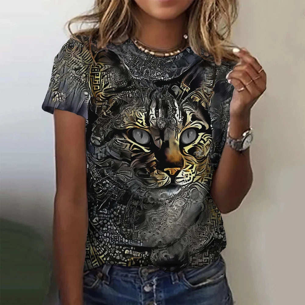 Damen Sommer Top 3D Katzen T-Shirt Rundhals Streetwear lockeres Damentop Bluse
