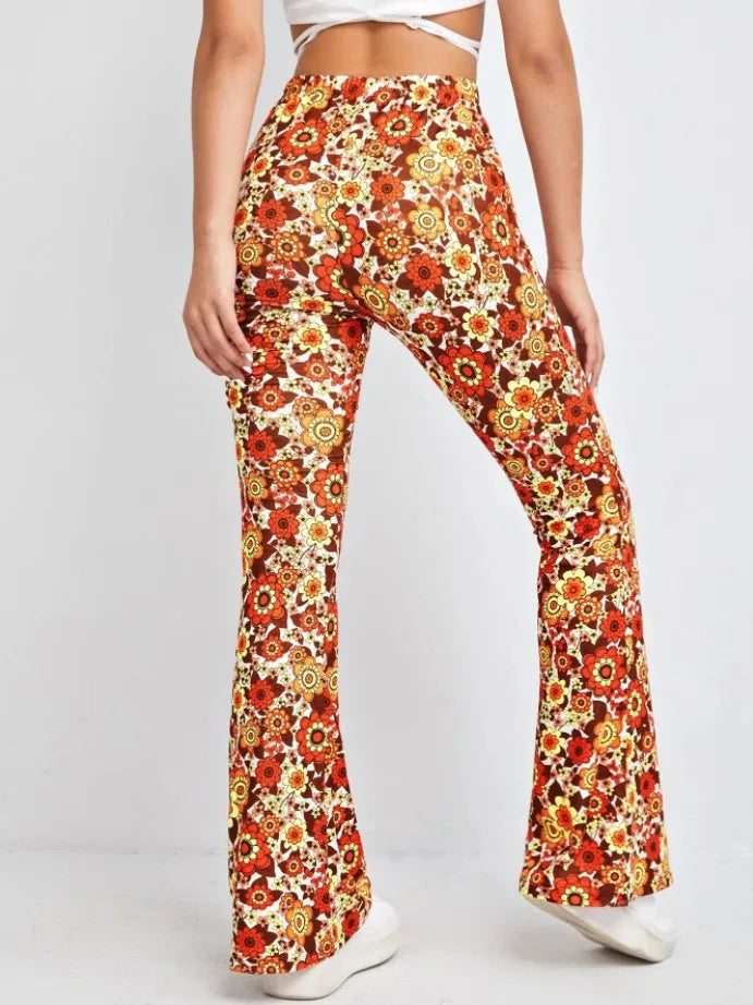 Damen Yoga Hose Bootcut Hüftjeans Schlaghose Flared Leggins Flower Power Retro