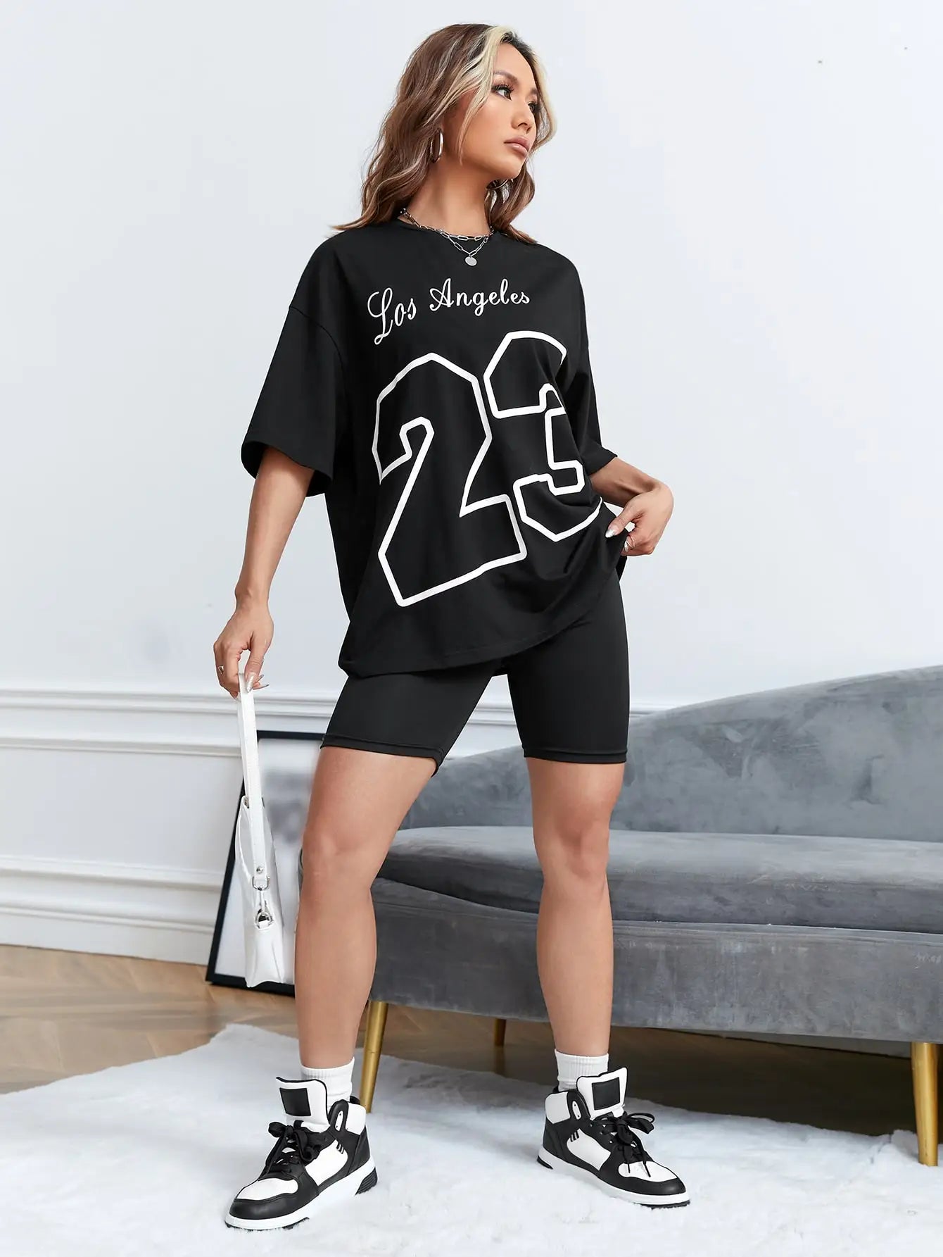 Damen Sommer Top Los Angeles 23 T-Shirt Rundhals Streetwear Baumwoll Damentop