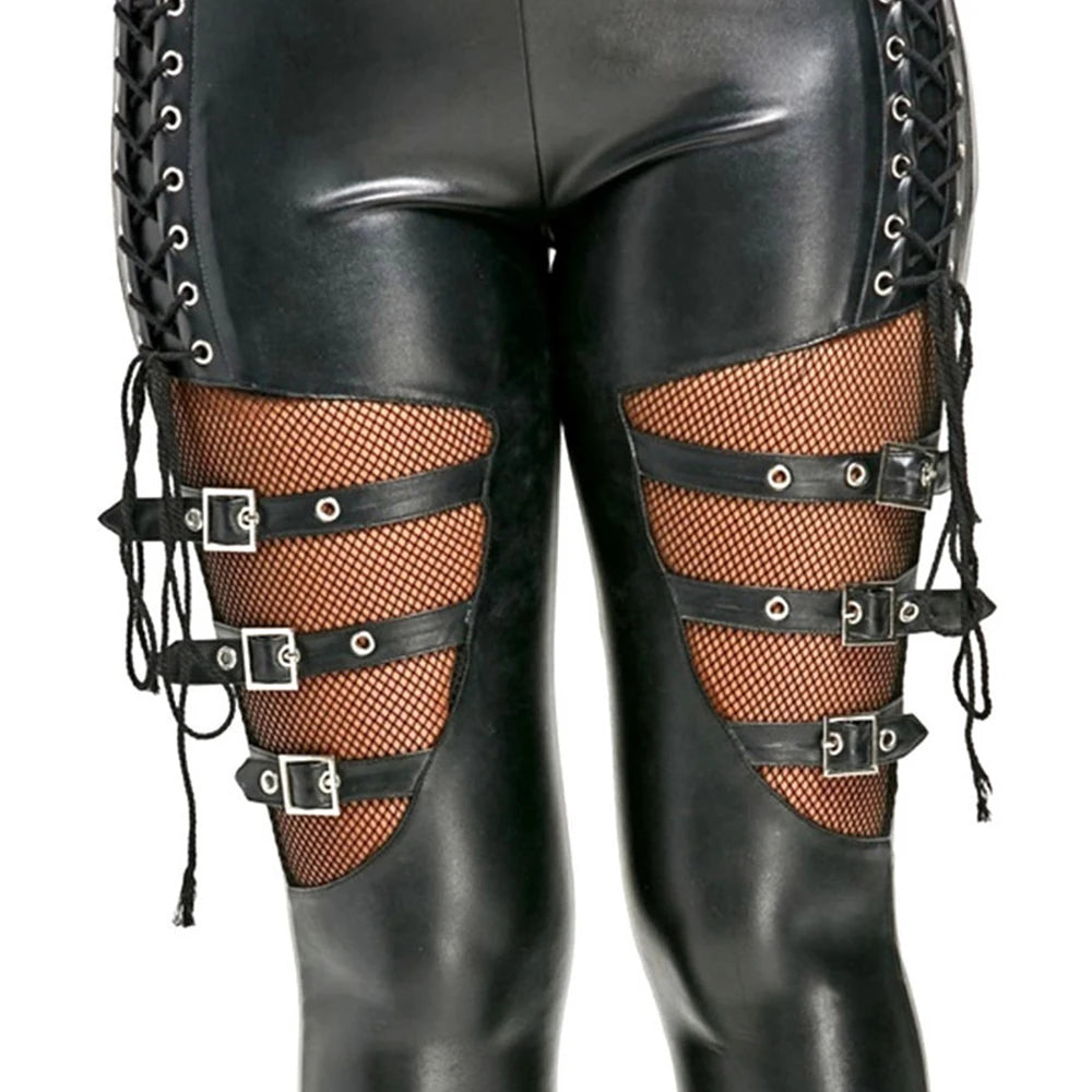Sexy Damen Leggings Push Up Leggins Gothic Punk Hose PU Lederhose mit Kordelzug