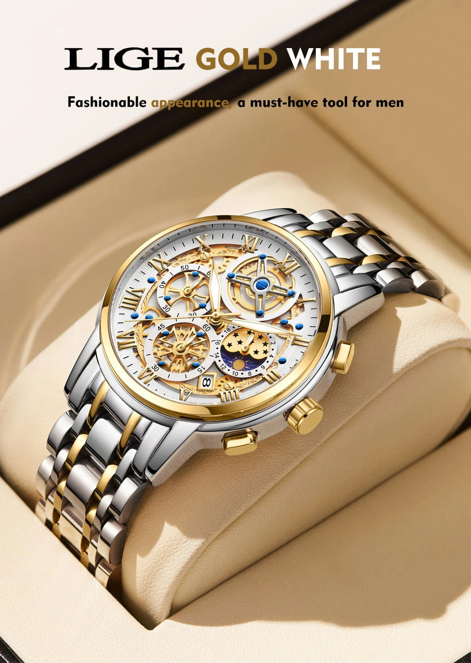 Herren Armbanduhr Silber Schwarz Edelstahl Quarzuhr Luxus Chronograph Business