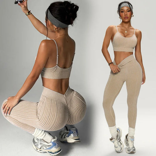 Damen Yoga-Set 2-teilig Nahtlos Leggings Sport-BH Fitness Trainingsanzug Gym