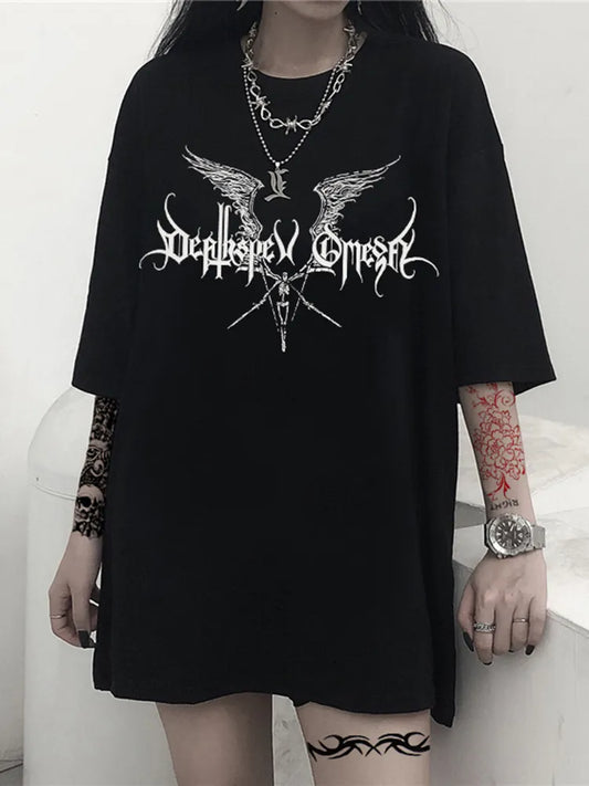 Damen Sommer Top Gothic Punk T-Shirt Rundhals Streetwear lockeres Damentop