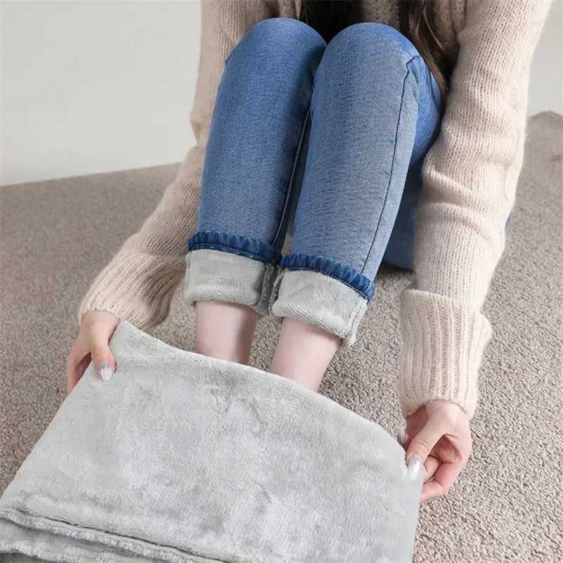 Damen Winter Warm Thermo Jeans Hose Innenfleece Stretch Hosen Leggins Denim