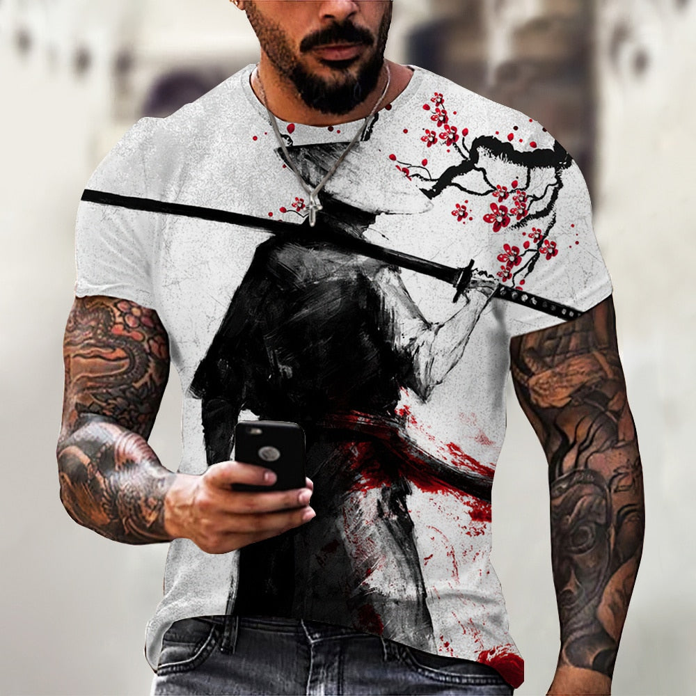 Herren Japan Samurai 3D T-Shirt Rundhals Unisex Sommer Streetwear