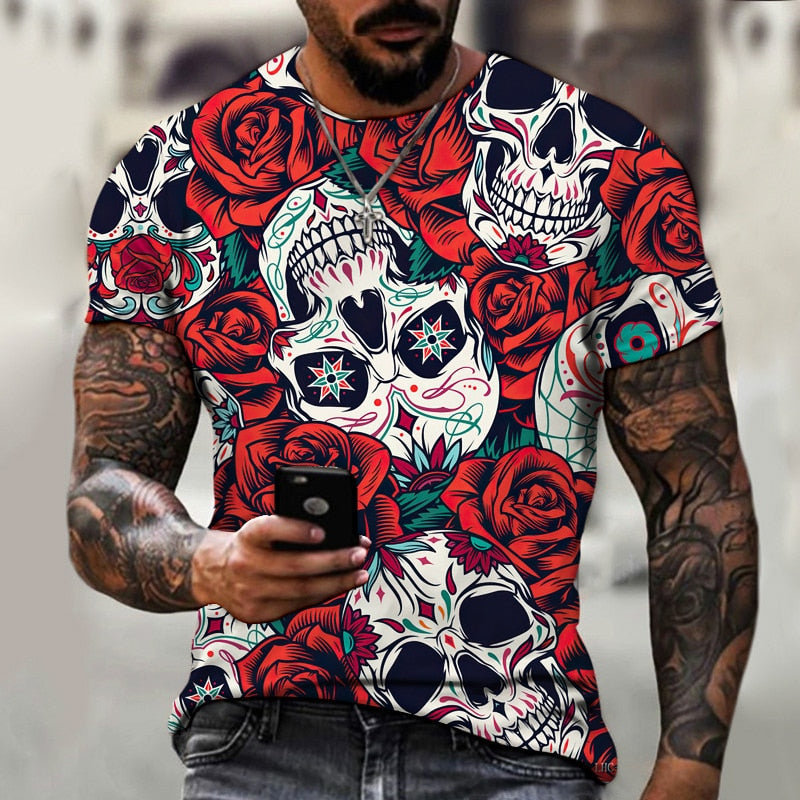 Fashion Herren Horror Skull 3D T-Shirt Rundhals Unisex Sommer Streetwear