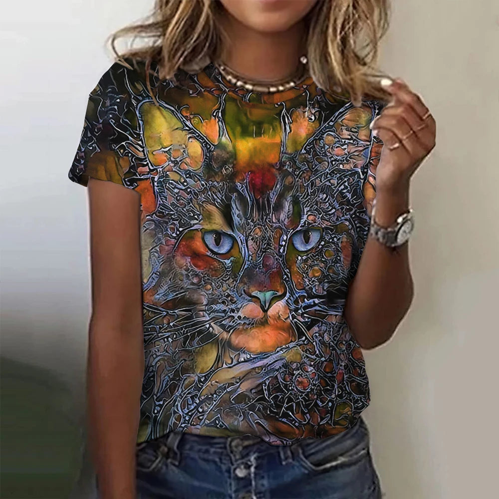 Damen Sommer Top 3D Katzen T-Shirt Rundhals Streetwear lockeres Damentop Bluse