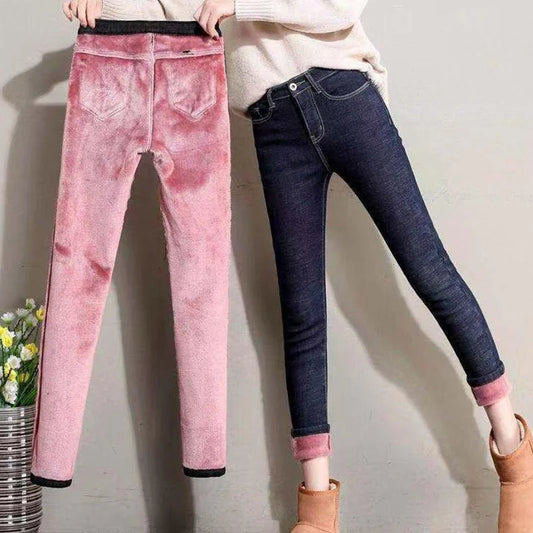 Frauen Winter Warm Thermo Jeans Hose Innenfleece Stretch Hosen Leggins Denim