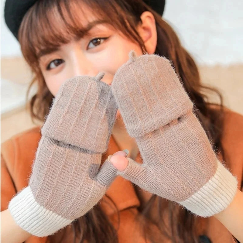 Damen Handschuhe Herbst Winter Gestrickte Damenhandschuhe Fäustlinge Touchscreen