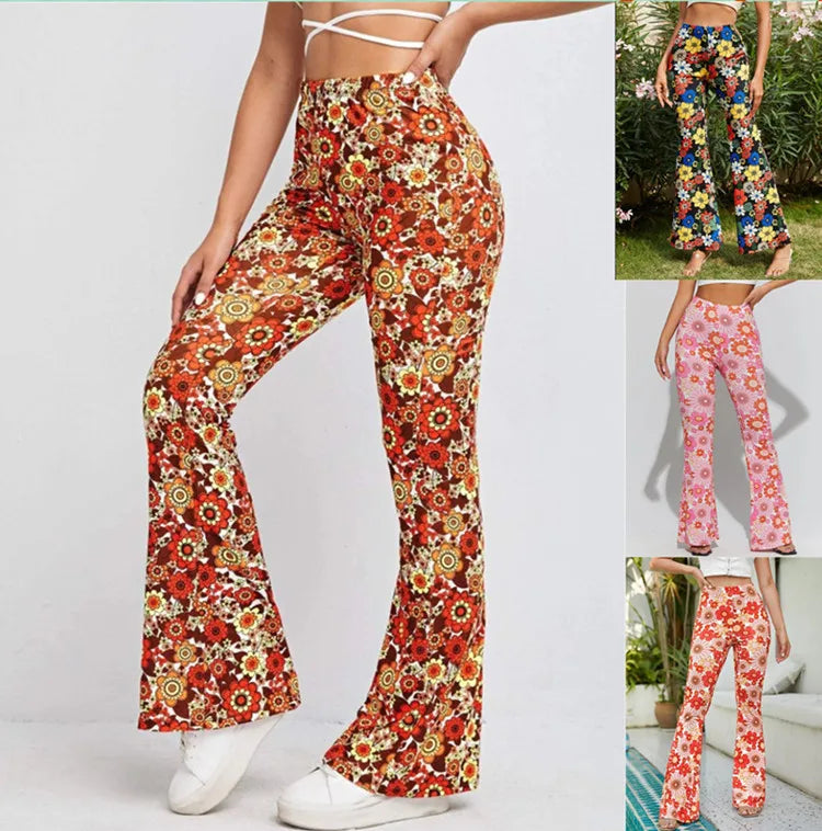 Damen Yoga Hose Bootcut Hüftjeans Schlaghose Flared Leggins Flower Power Retro