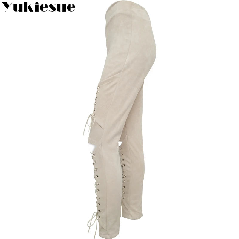 Damen Velour Kunstleder Leggings Bandage Hose Stretch Leggins Sexy Bleistift