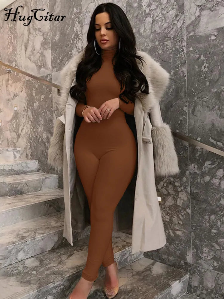 Damen Overall Strampler Stretch Leggings Langarm Rollkragen Bodycon Top