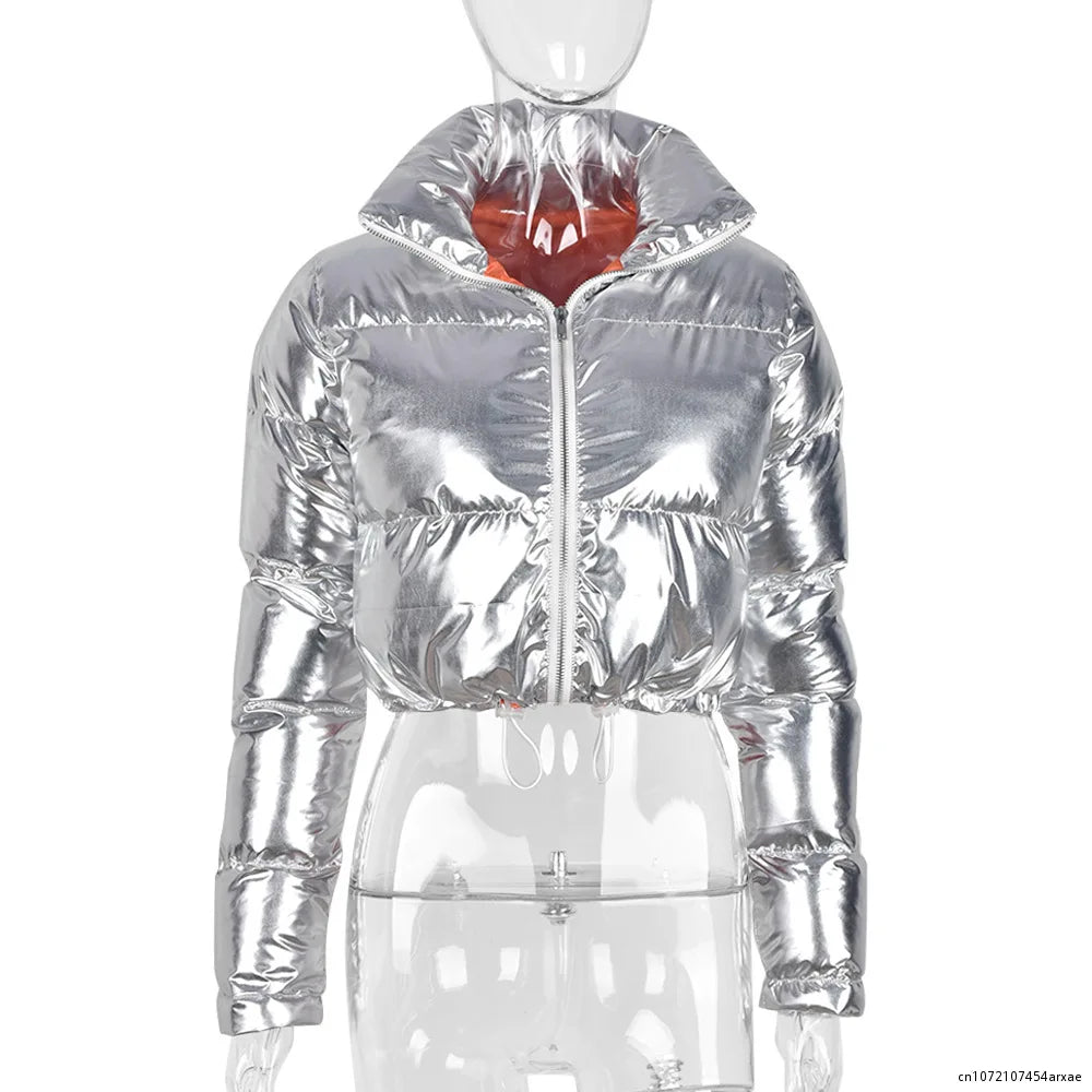 Damen Glänzende Daunenjacke Mit Kapuze Silber Steppjacke Streetwear Stepp Jacke