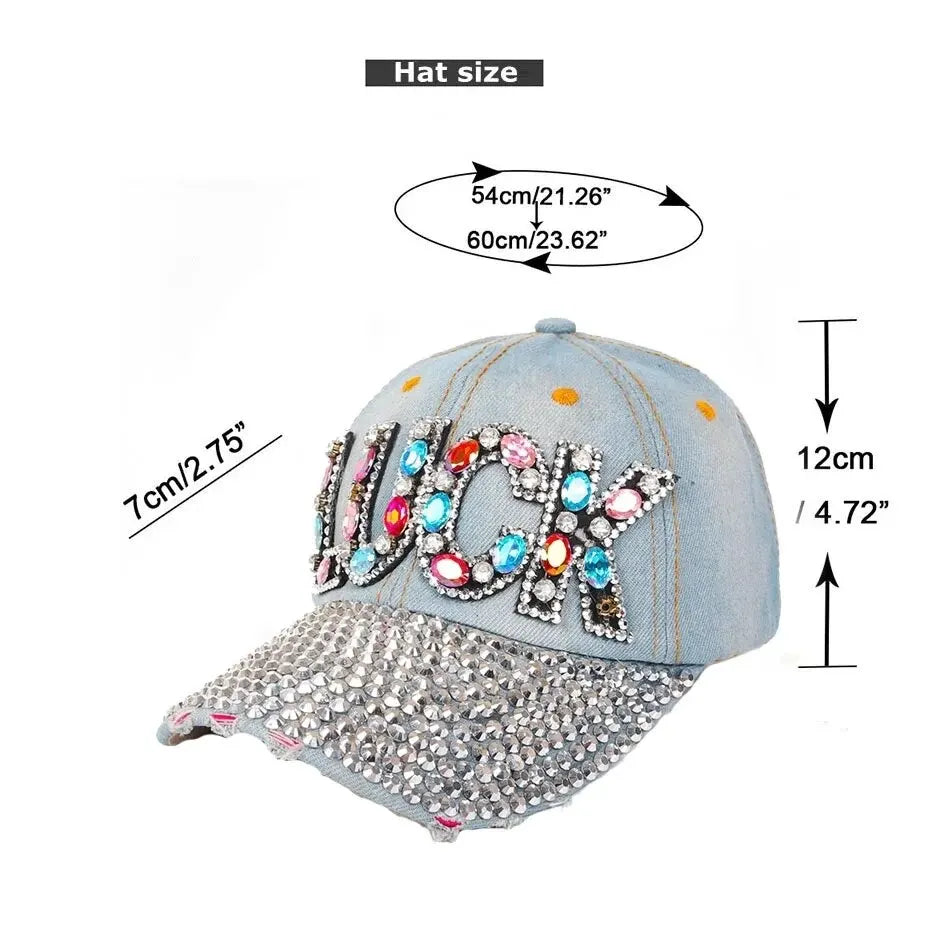 Jeans Cappy Denim Look Basecap Cap Kappe LUCK Strass gebogen Damen Baseball Cap