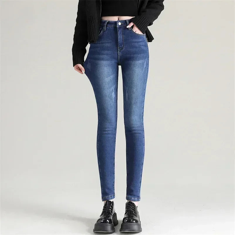 Damen Winter Warm Thermo Jeans Hose Innenfleece Stretch Hosen Leggins Denim