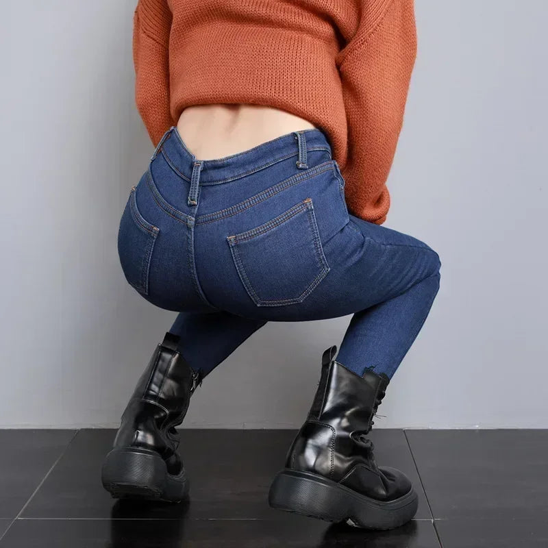 Damen Winter Warm Thermo Jeans Hose Innenfleece Stretch Hosen Leggins Denim