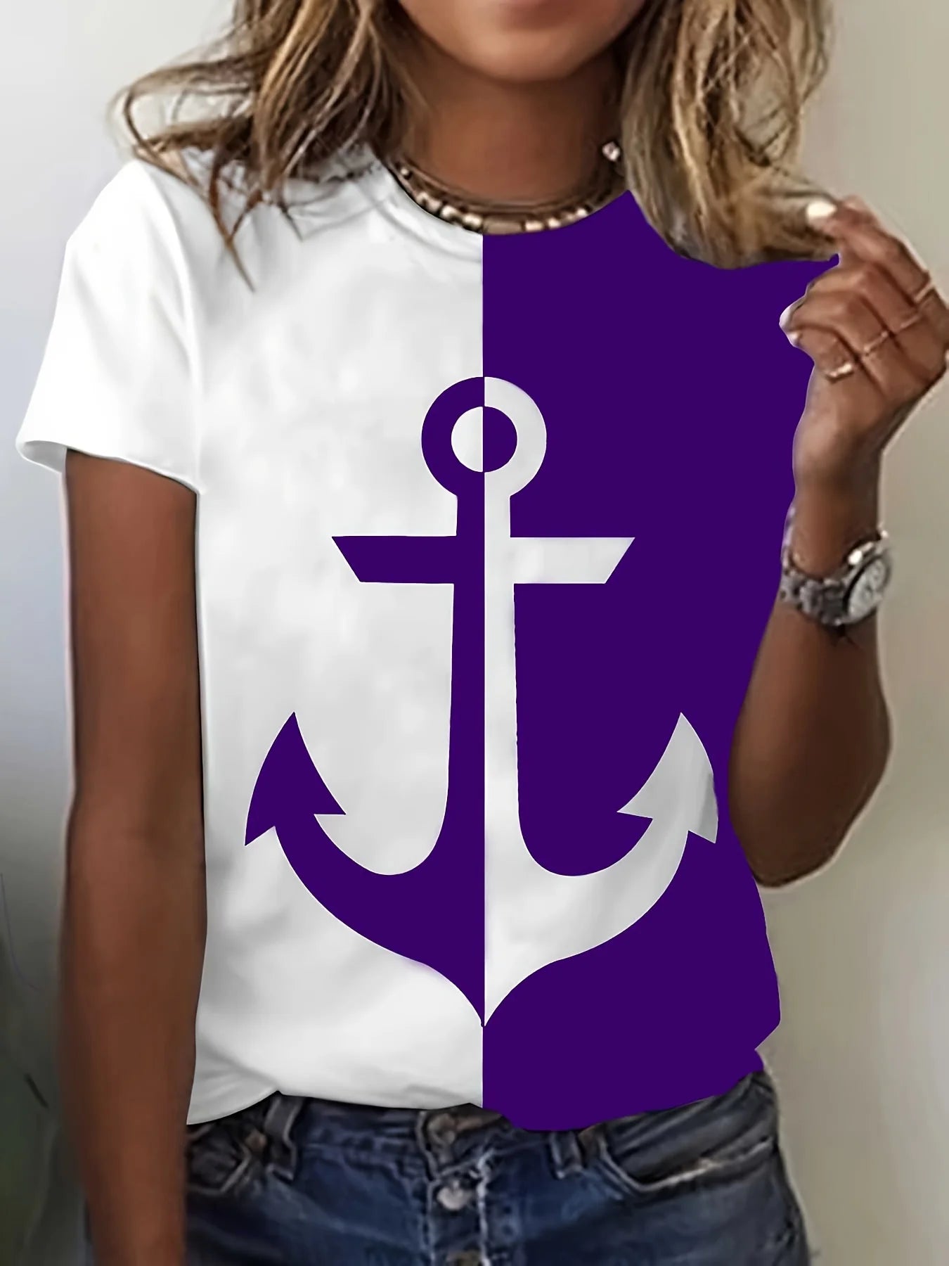 Damen Sommer Top Anker T-Shirt Rundhals Streetwear lockeres Damentop Anker-Motiv