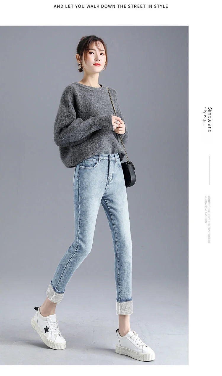 Damen Winter Warm Thermo Jeans Hose Innenfleece Stretch Hosen Leggins Denim