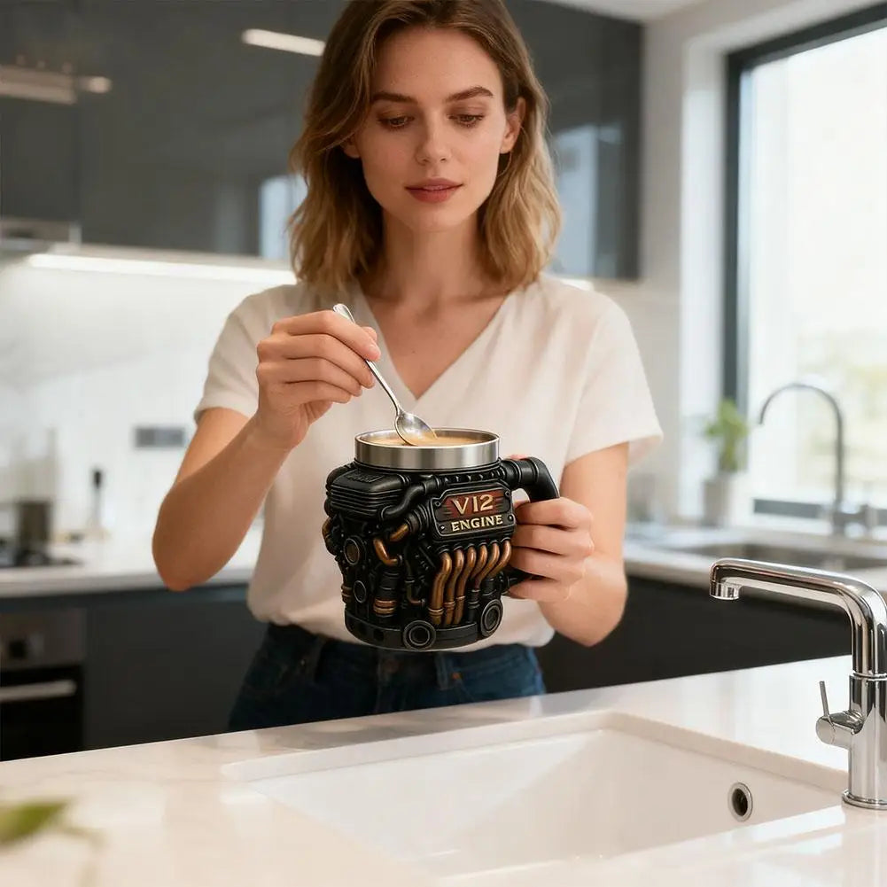 Edelstahl-Kaffeebecher Mug V8-Motoren-Motiv Kaffeetasse Becher Tasse Geschenk