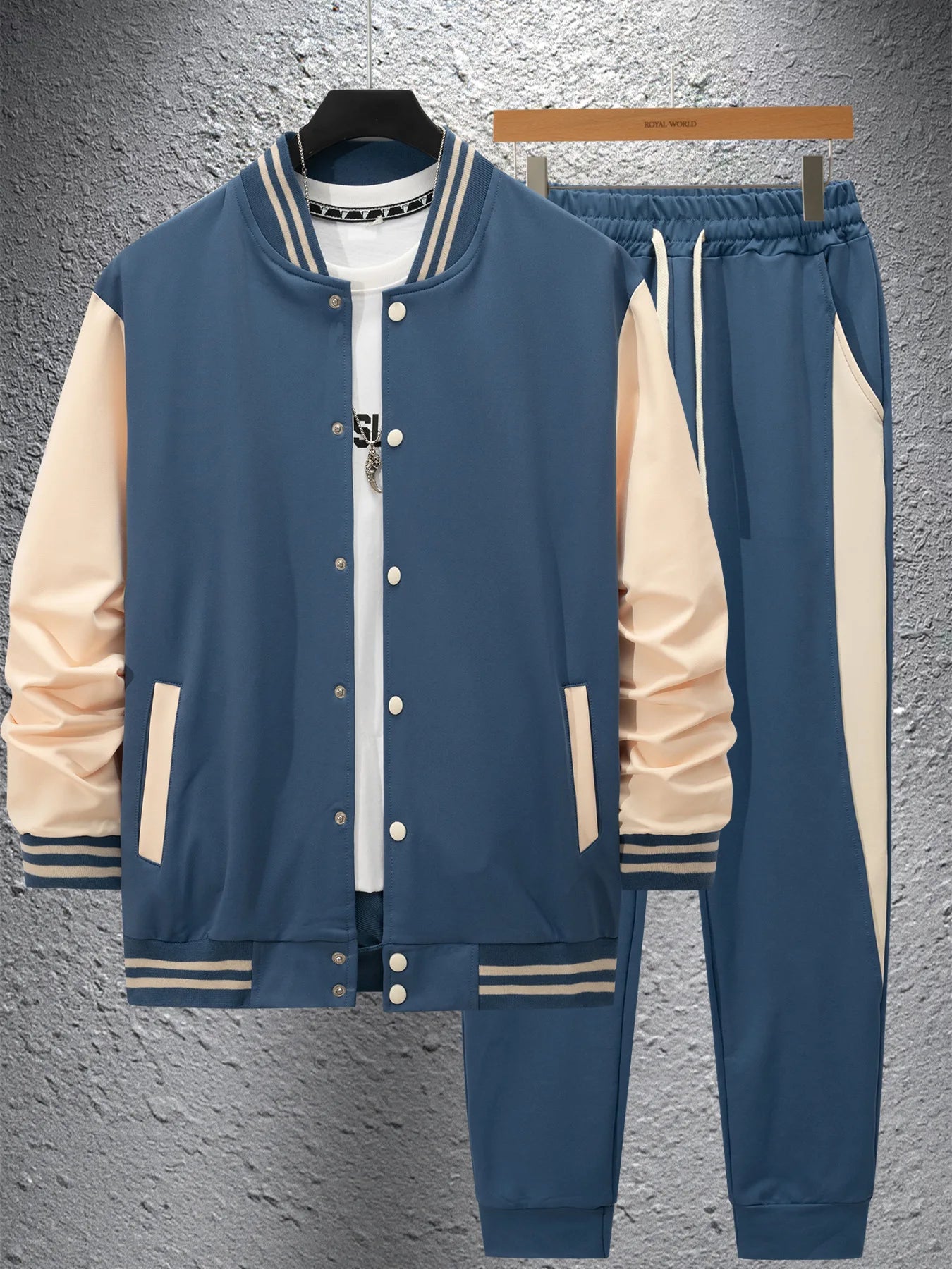 Vintage-Streetwear im Baseball-Stil im Herbst und Winter, farblich passende Patchwork-Jacke für Herren und konische Hose als trendige Kombi