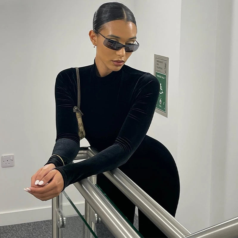 Dulzura Herbst Samt Sexy Y2K Kleidung Lange Hülse O-ansatz Bodycon Dünne Zipper Overall Frauen Sportliche Streetwear Strampler Outfits