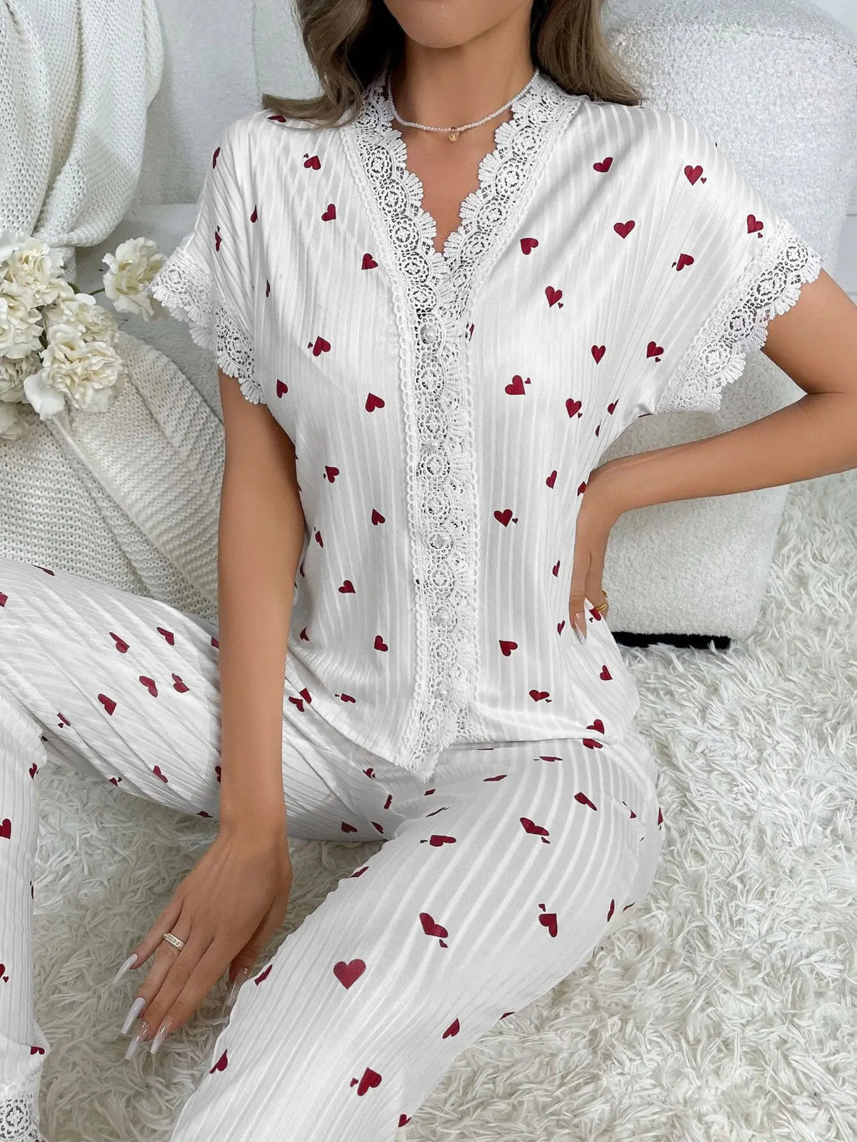 Frühlings-Sommer-Pyjama-Set für Damen, Nachtwäsche, Spitzenbesatz, Herzdruck, kurzärmliges Oberteil und Hose in voller Länge, Nachtwäsche, Loungewear