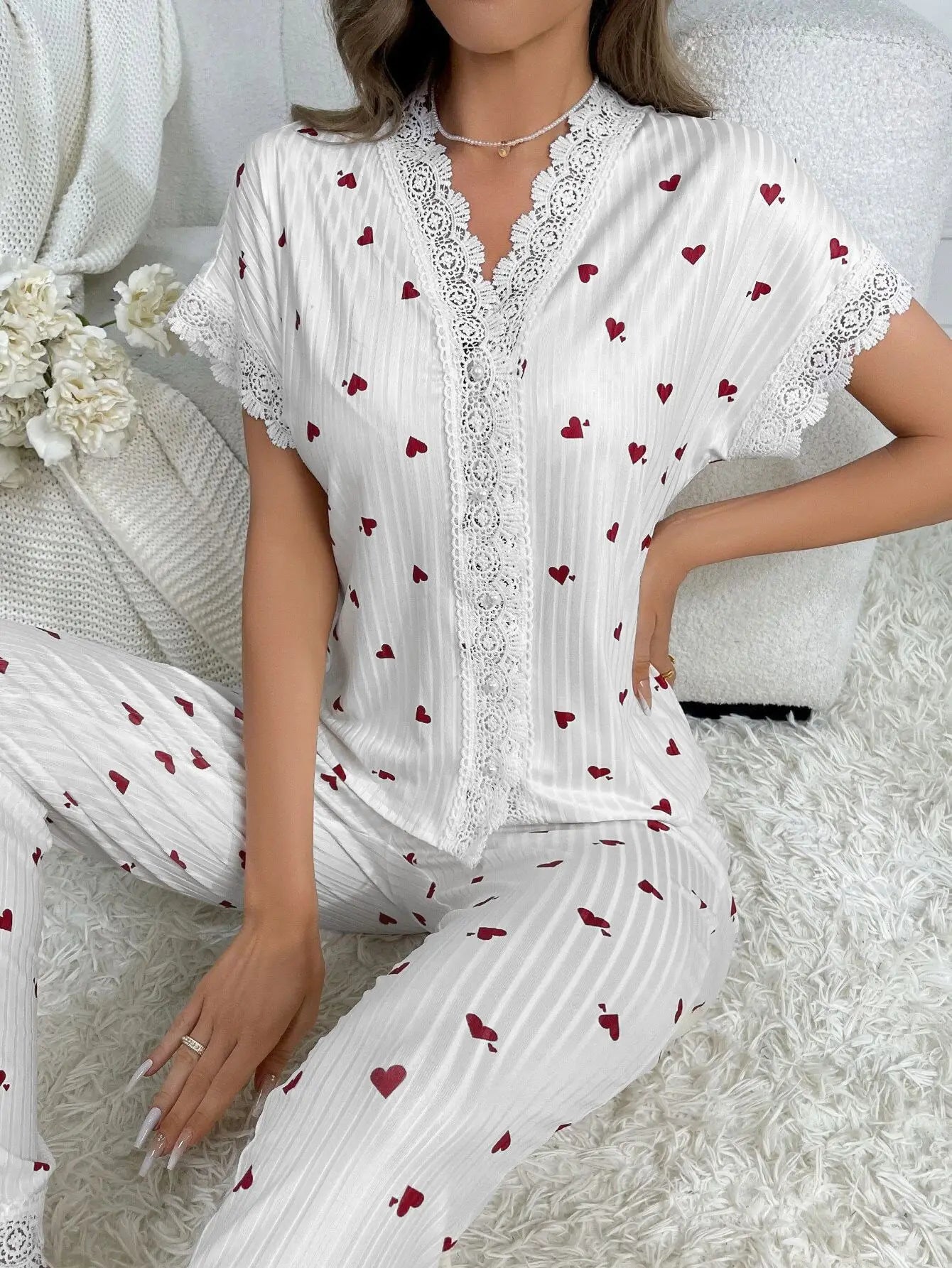 Frühlings-Sommer-Pyjama-Set für Damen, Nachtwäsche, Spitzenbesatz, Herzdruck, kurzärmliges Oberteil und Hose in voller Länge, Nachtwäsche, Loungewear