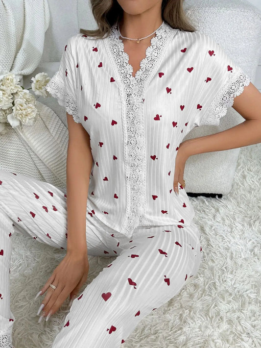 Frühlings-Sommer-Pyjama-Set für Damen, Nachtwäsche, Spitzenbesatz, Herzdruck, kurzärmliges Oberteil und Hose in voller Länge, Nachtwäsche, Loungewear