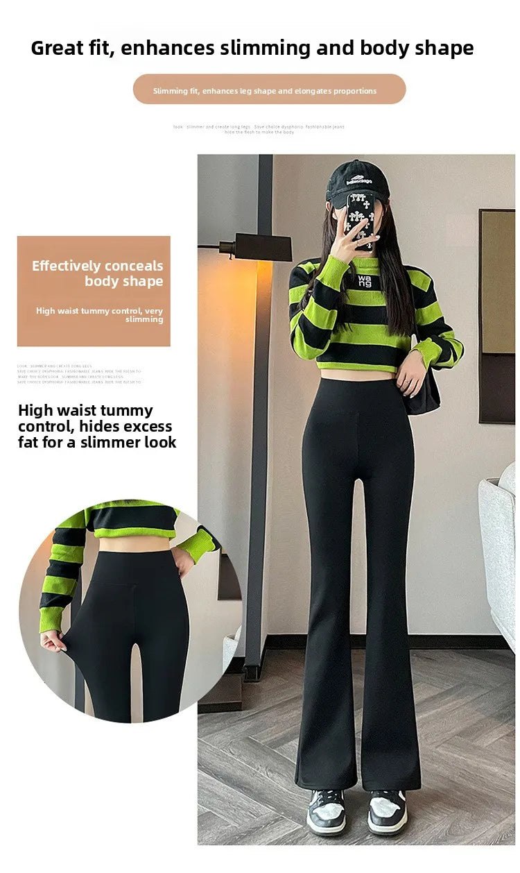 Hohe Taille, mit Fleece gefüttert, Bootcut-Yogahose, Damen-Oberbekleidung, Frühling, Herbst, Winter, schlankmachend, schwarz, Bauchkontrolle, lässig, Hai...