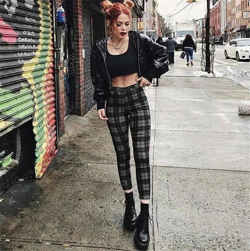 Leggings Damen Kariert Tartan Karo Muster Fitness Leggins Sexy Hohe Elastizität