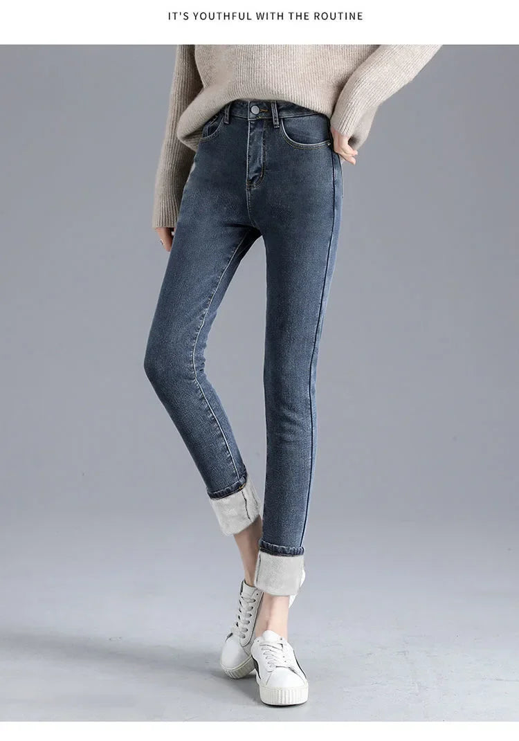 Damen Winter Warm Thermo Jeans Hose Innenfleece Stretch Hosen Leggins Denim