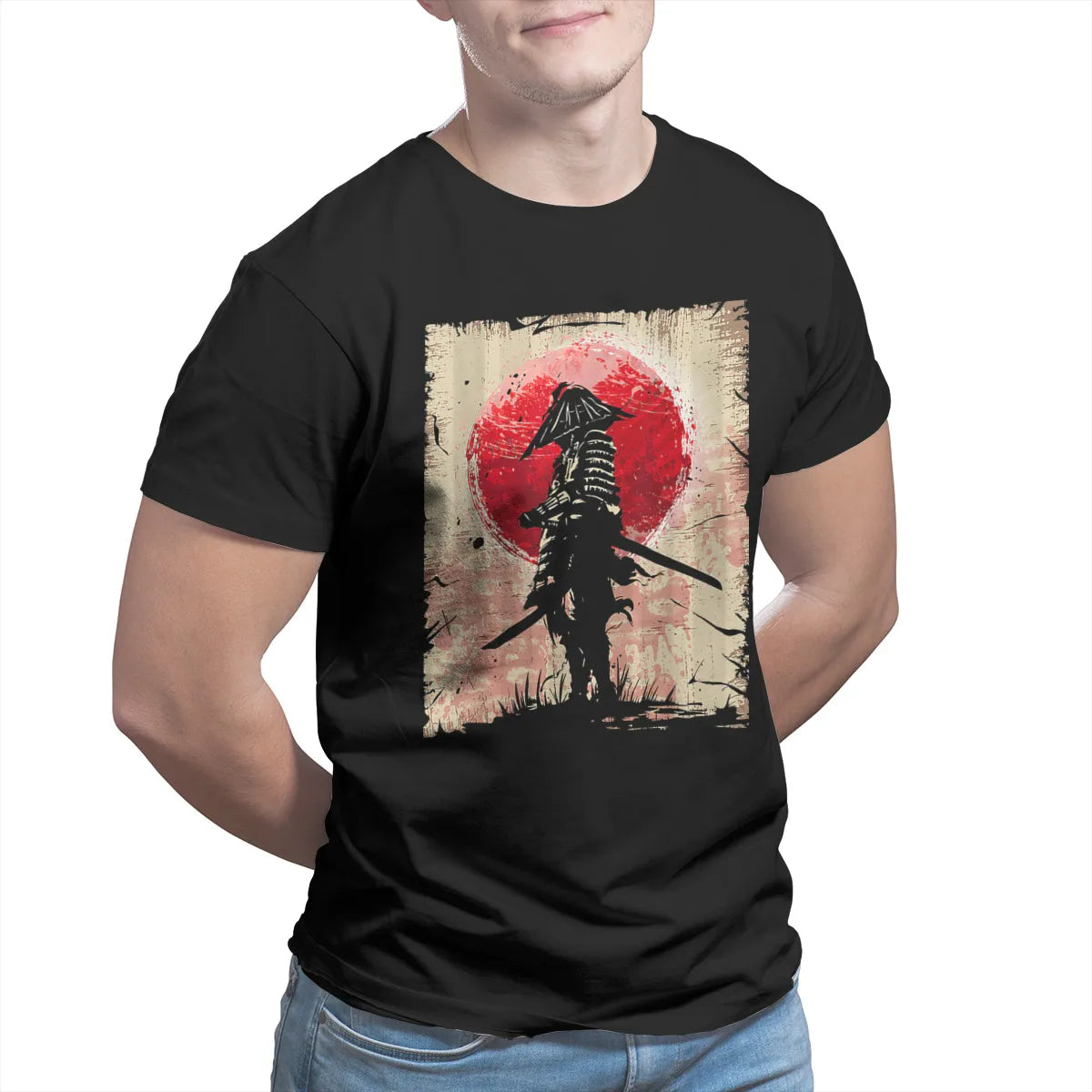 Herren Samurai Oversized Art T-Shirt Rundhals Unisex Sommer Streetwear