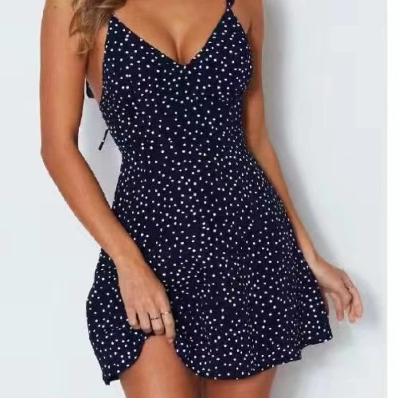 Damen Sommer Kleid A-Linie Midikleid Cocktail Freizeit Polka Dot Partydkleid