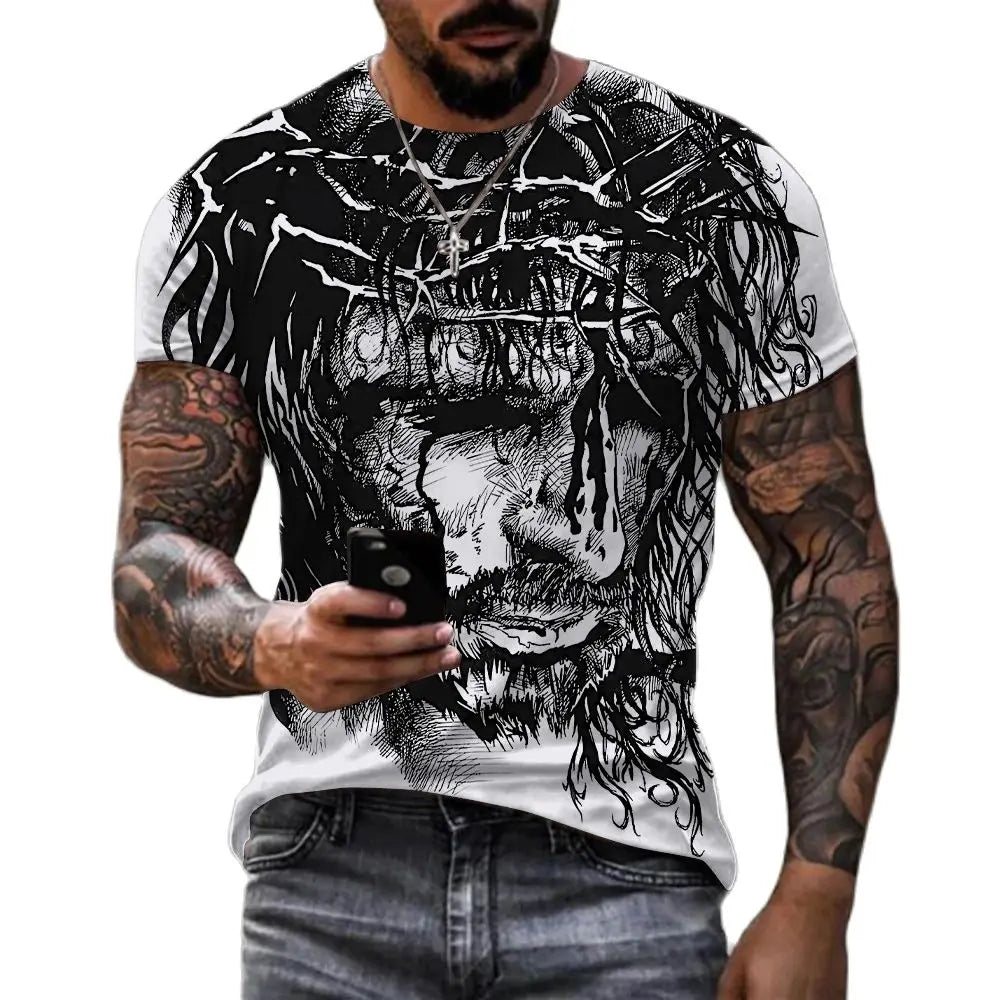 Herren Jesus Christus Kreuz 3D T-Shirt Rundhals Unisex Sommer Streetwear