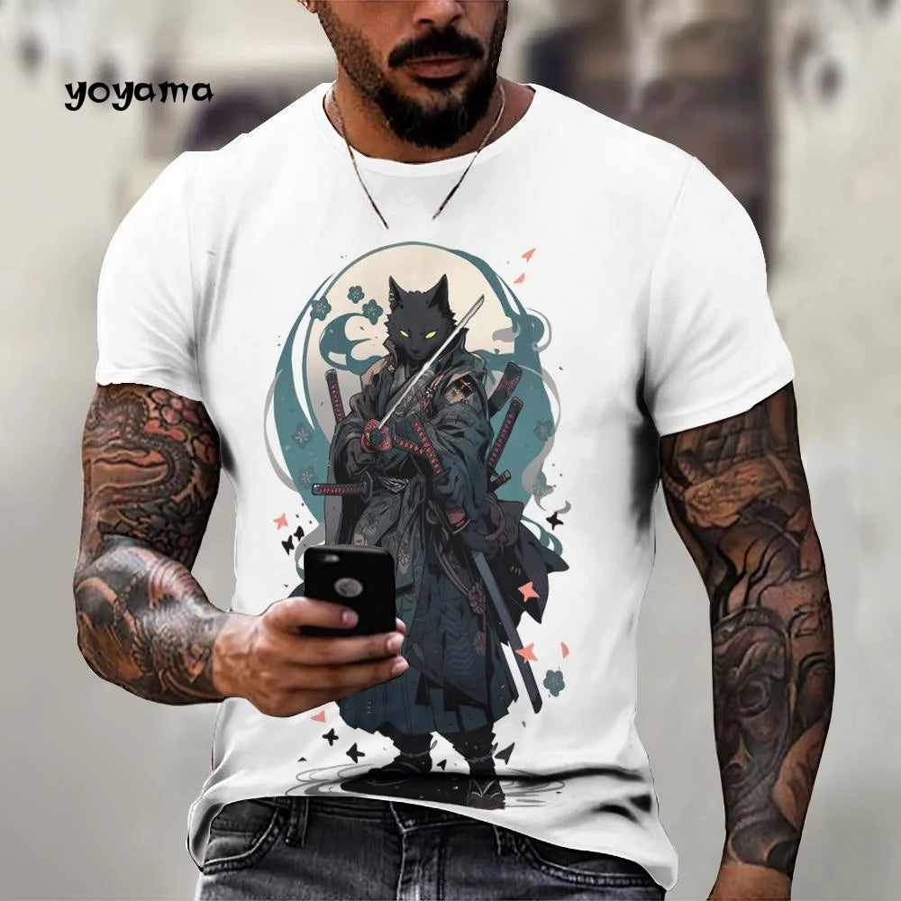 Japanische Samurai Katze Muster männer T-Shirt 3D Spaß Druck Kurzarm Sommer T-Shirt Harajuku Tops männer Straße Casual kleidung