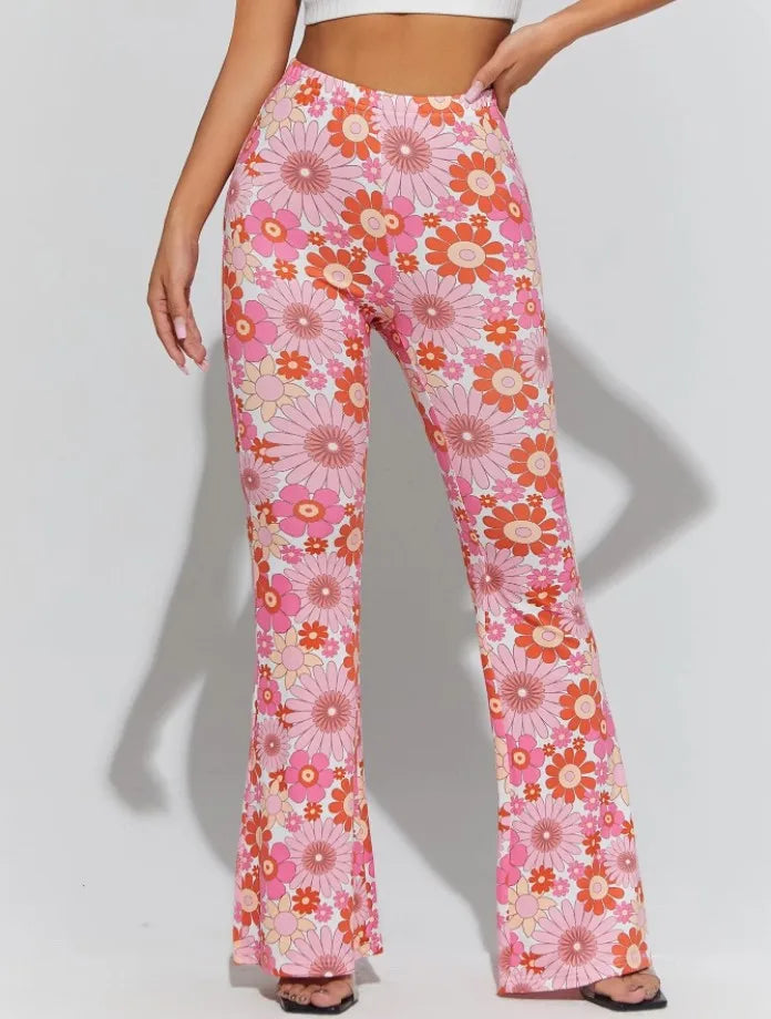 Damen Yoga Hose Bootcut Hüftjeans Schlaghose Flared Leggins Flower Power Retro