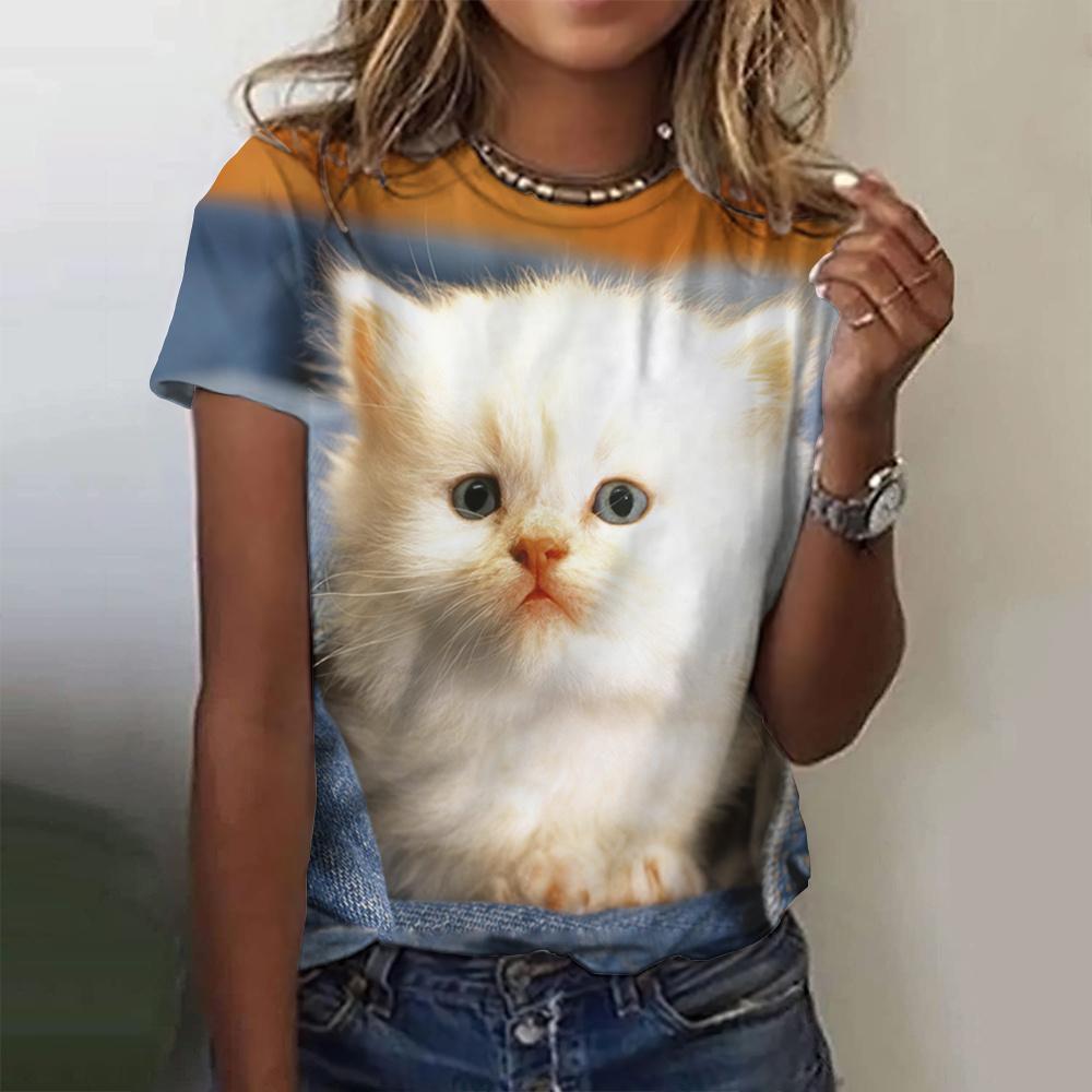 Damen Sommer Top 3D Katzen T-Shirt Rundhals Streetwear lockeres Damentop