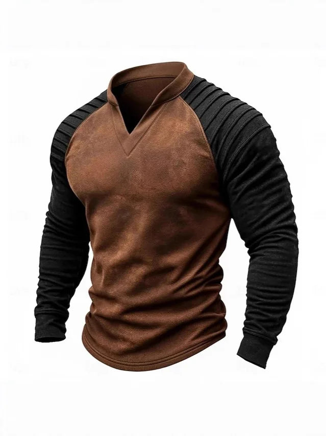 Herren Langarm T-Shirt Raglan Ärmel Patchwork Wildleder Casual Freizeit