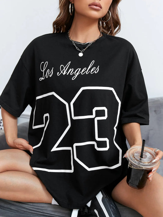 Damen Sommer Top Los Angeles 23 T-Shirt Rundhals Streetwear Baumwoll Damentop