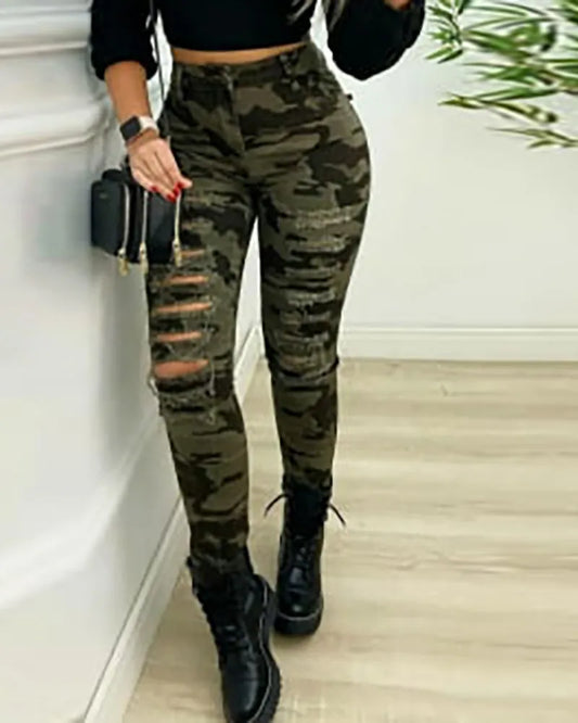 Damen Jeans Camouflage Army Hose Stoffhose Hüfthose High Waist