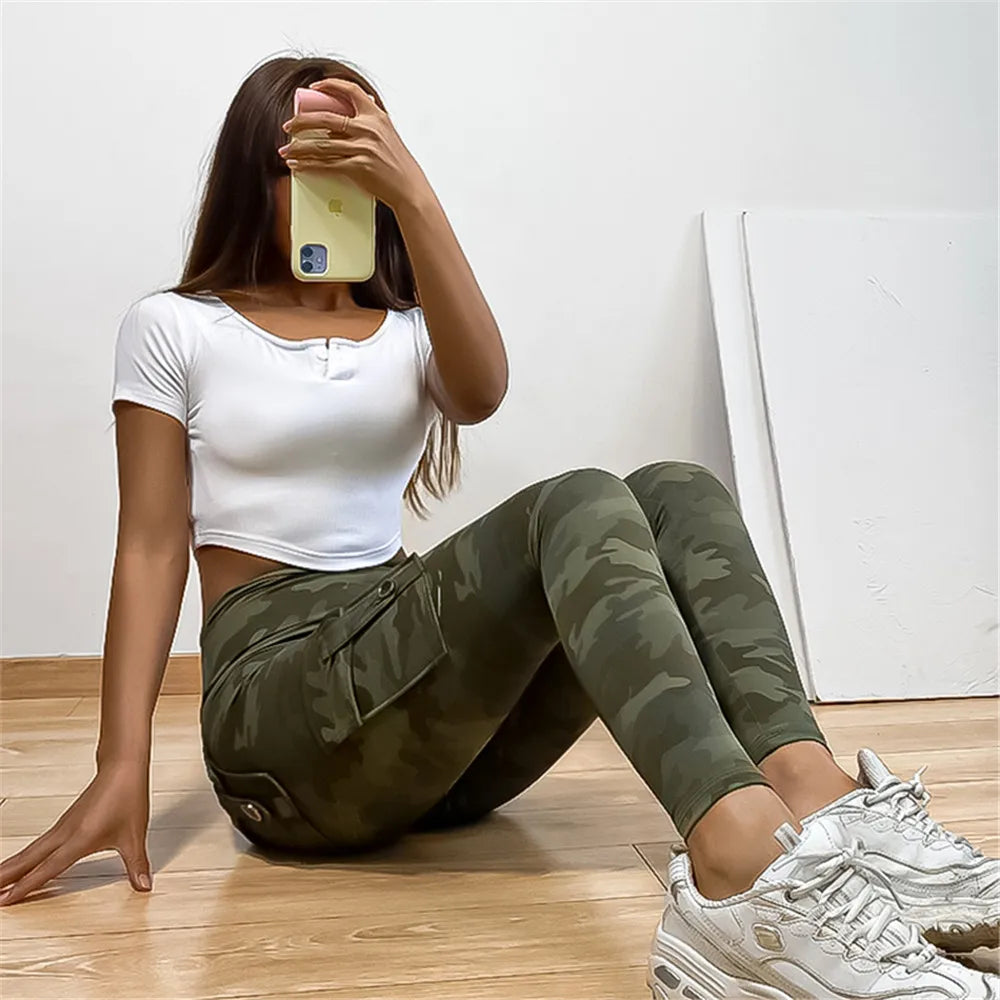 Damen Fashion Leggings Push Up Leggins Camouflage Yoga Hose Cargo Sexy Gym Wear
