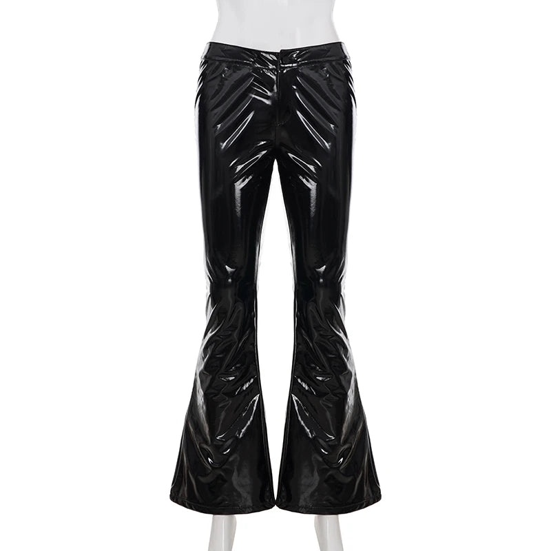 Sexy Damen Fashion Hose Gothic Punk glänzende PU Lederhose Schlaghose Latex