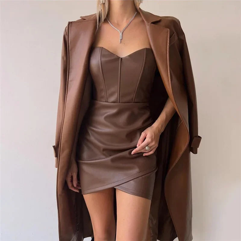 Frauen PU Leder Kleid rückenfreies Partykleid Trägerlos Abendkleid Cocktailkleid