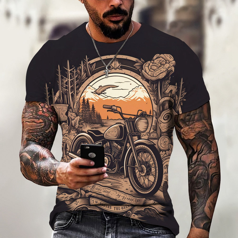 Herren Fashion Vintage Biker 3D T-Shirt Rundhals Unisex Sommer Streetwear