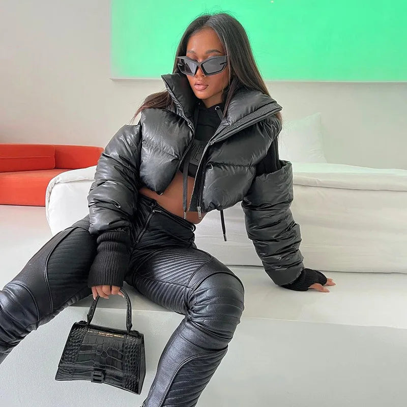 Damen Glänzende Daunenjacke Mit Kapuze Pink Steppjacke Streetwear Stepp Jacke