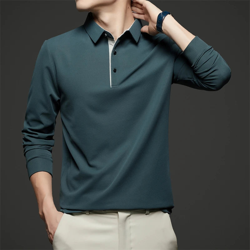 Neues Herren-Poloshirt, Business-Casual, langärmelig, einfarbig, modisch, warm, bequem, vielseitiges Oberteil für vier Jahreszeiten